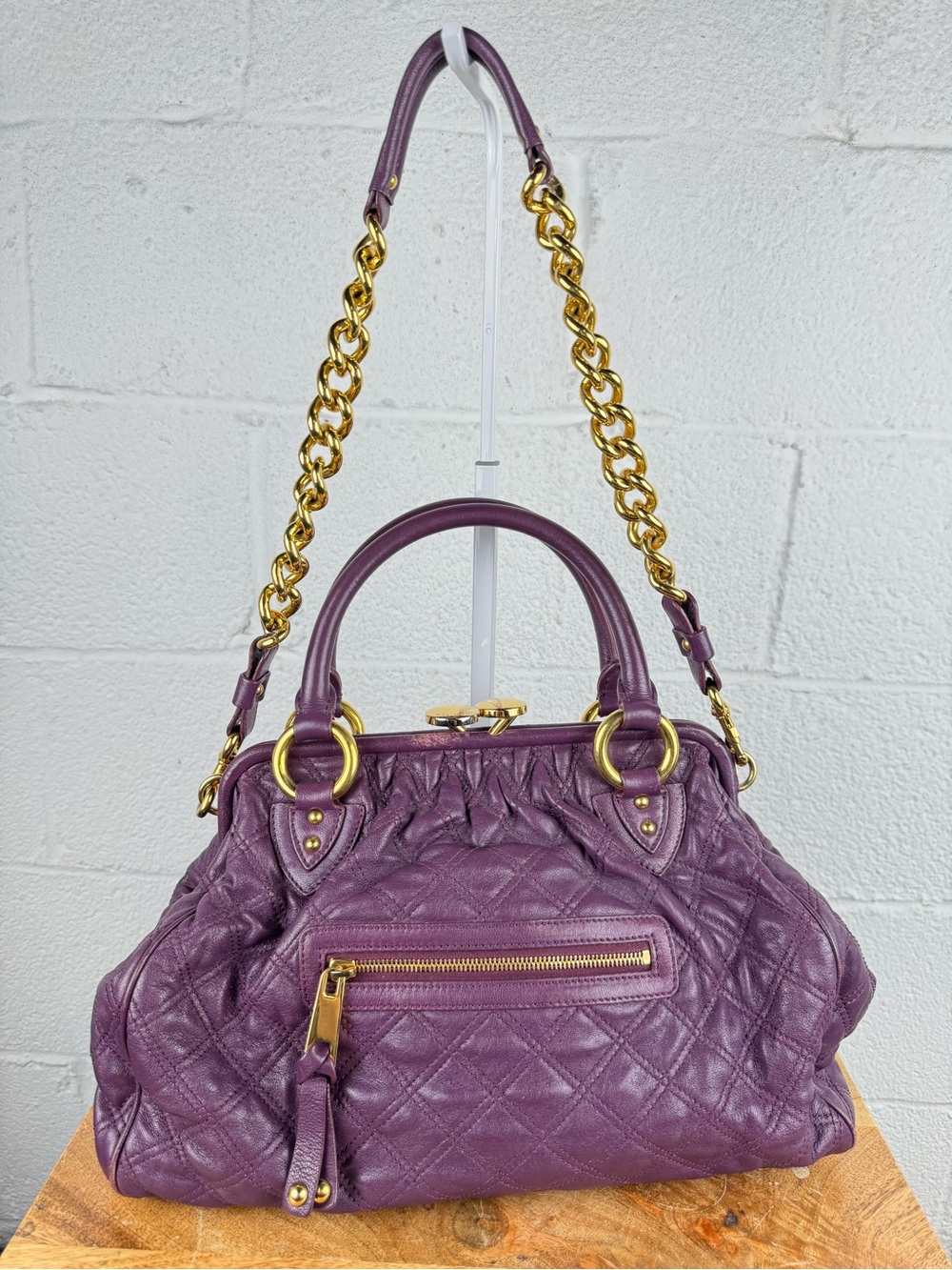 Marc Jacobs Stam Quilted Leather Satchel Bag Aubergine Purple Brass Chain